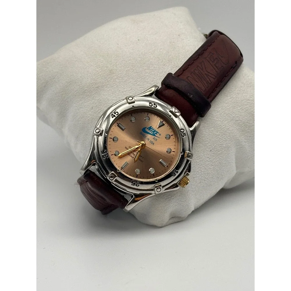 Vintage Nike Air Made in USA Watch Brown Leather Strap 5268K Silver Gold Tone